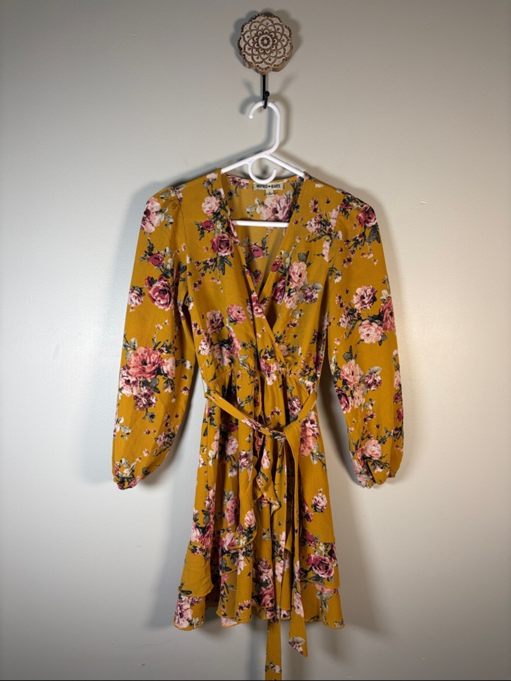 Inspired Hearts Mustard Floral Long-Sleeve Dress